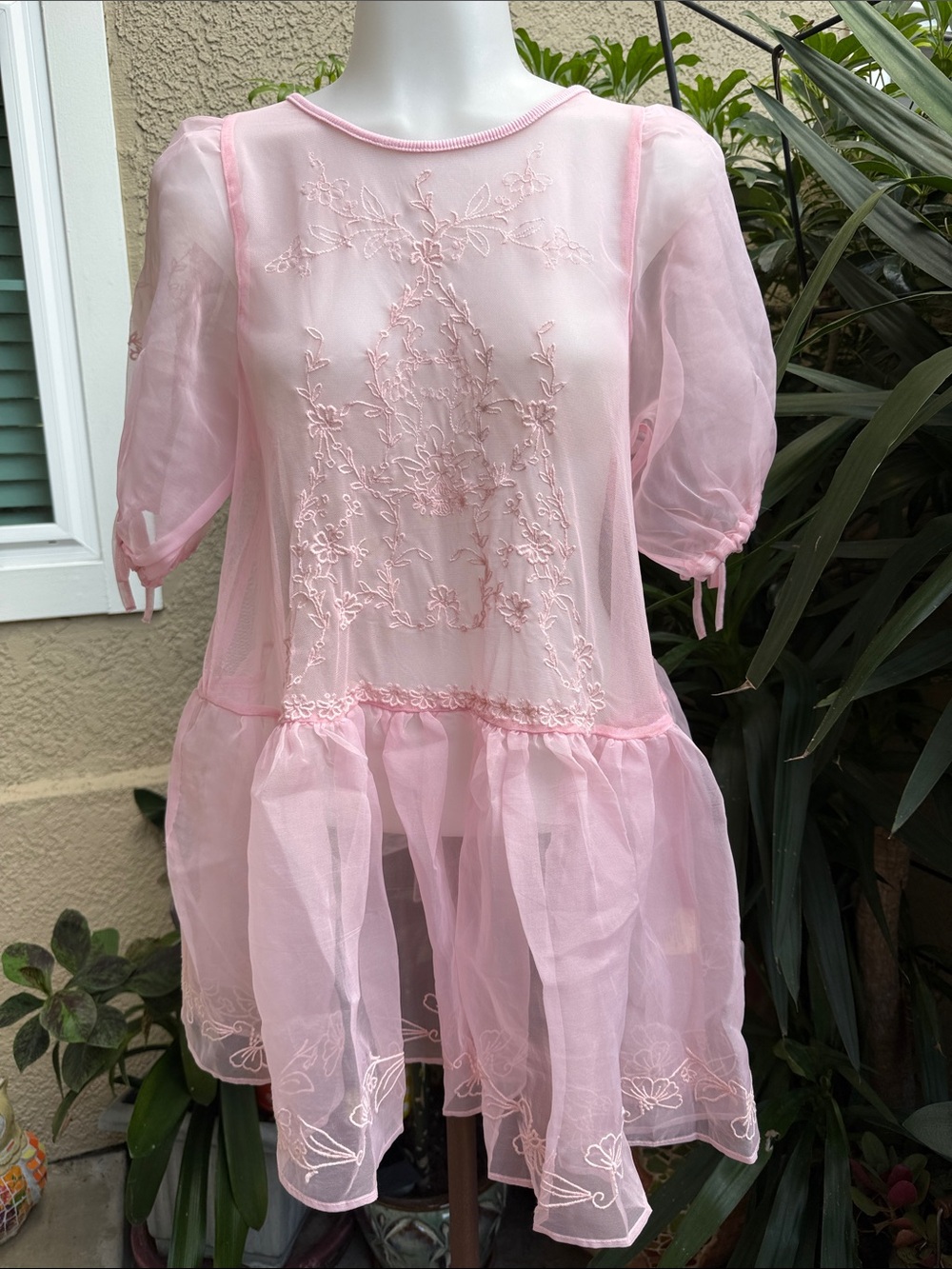 New Anthology Sheer Pink Embroidered Peplum Top